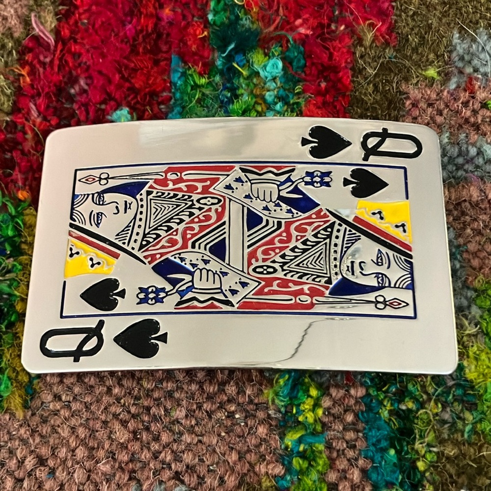 Vintage Chrome and Enamel Queen of Aces Belt Buckle